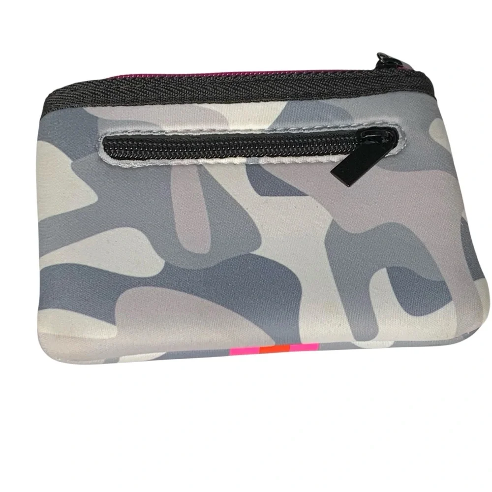 Haute Shore neoprene card keychain‎ case in gray camo and neon pink.